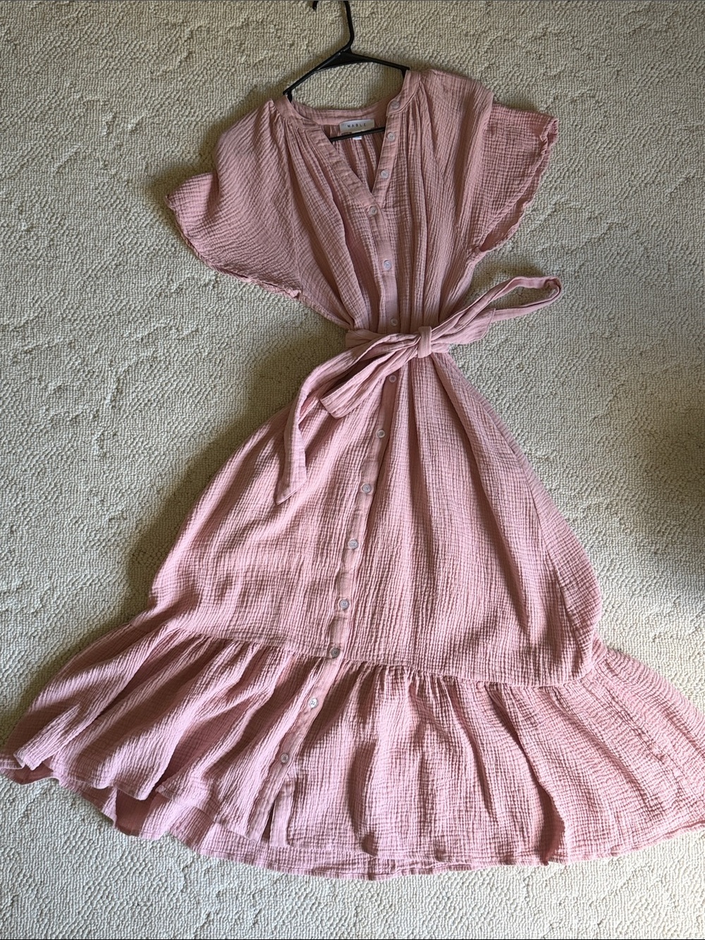 MARBLE Pink Gauze Button-Front Midi Dress with Tie Waist